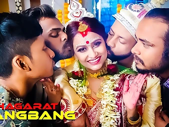 Indian Desi Bhabhi's First-ever Night: Spouse and his gang-fuck accomplice are